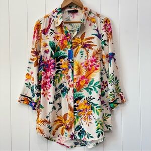 Rachel Roy Floral Linen Blend Button Down 3/4 Sleeves Blouse Women’s Size Medium